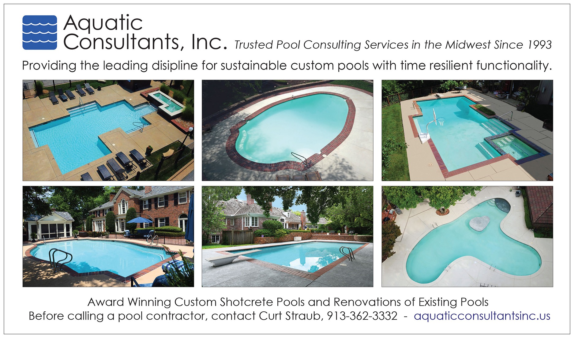 Promotional flyer for Aquatic Consultants, showcasing pool services and company details.